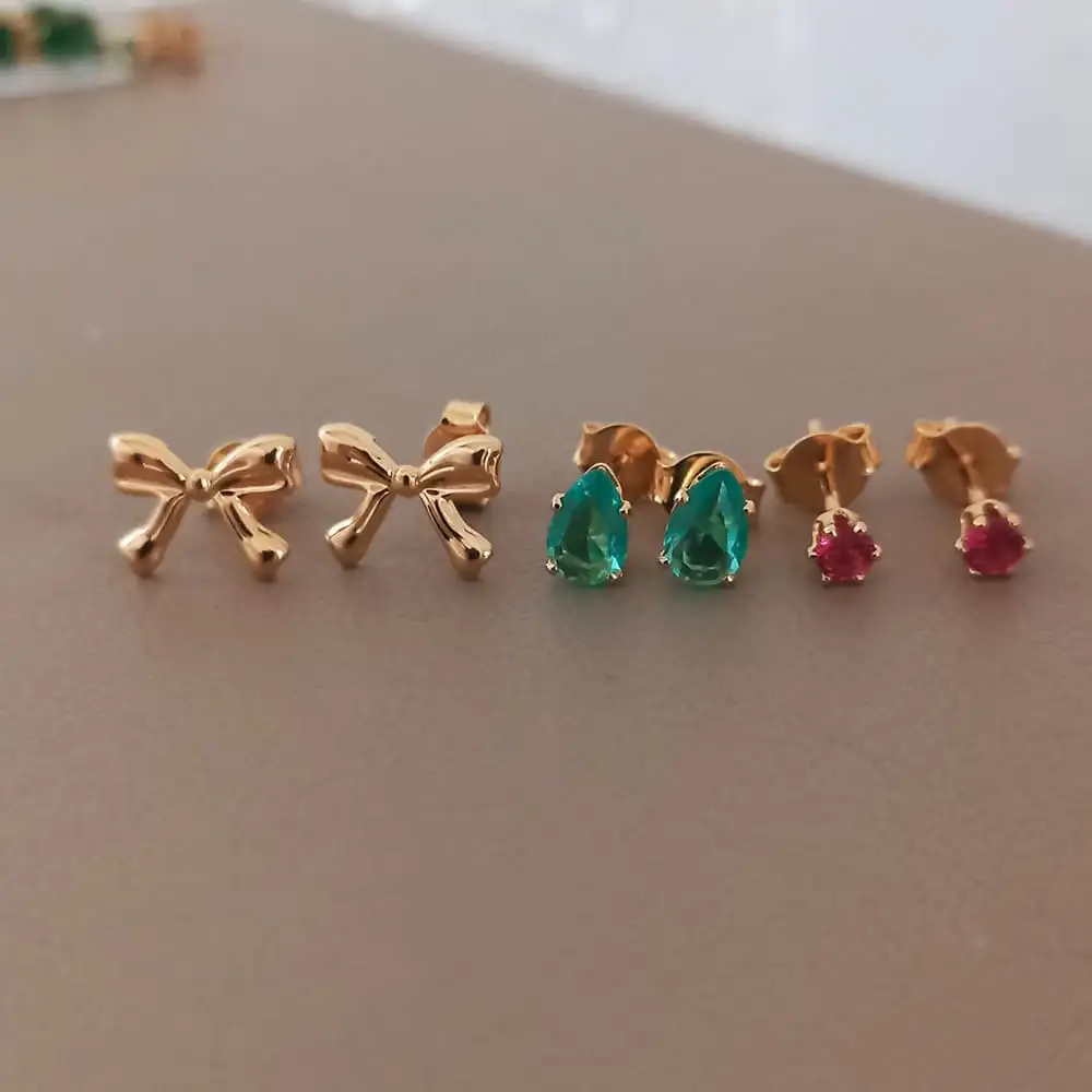TRIO DE BRINCOS LAÇO VERDE E ROSA