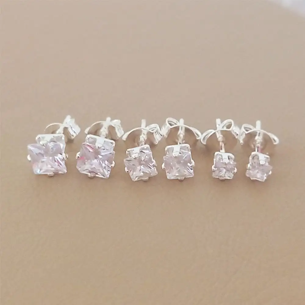 TRIO DE BRINCOS QUADRADO CRISTAL EM PRATA 925