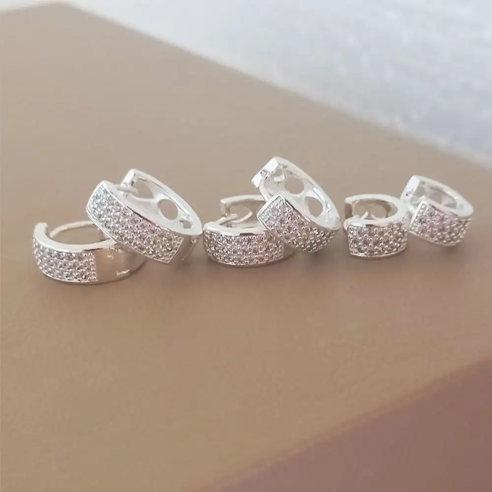 TRIO DE BRINCOS ARGOLA CRAVEJADO 3 FILEIRAS 925 EM PRATA